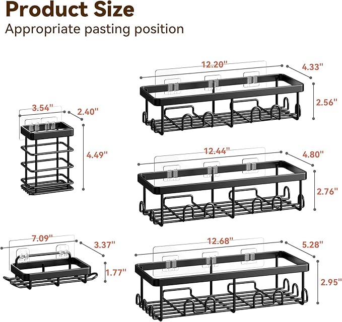 Shower Caddy Adhesive, Rustproof Shower Organizer, Wall Shower Rack | Large Capacity Shower Shelves for Inside Shower, Shampoo Shower Holder, Black, 3 Caddies, 1 Soap Dish, 1 Toothbrush Holder - Image 2