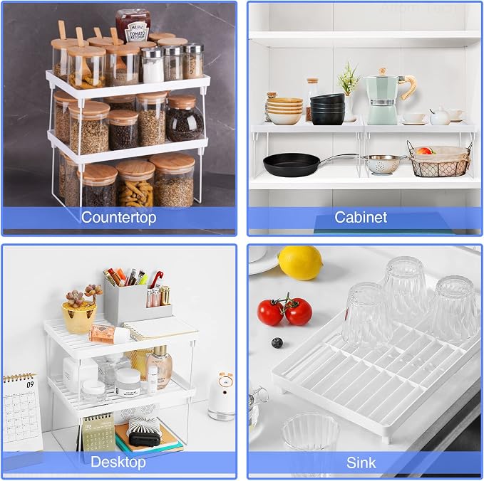 NiHome 8-Pack Stackable Plastic Kitchen Storage Shelf Foldable Rack, White | Stackable Kitchen Cabinet Organizer and Storage Shelves, Expandable Storage Racks for Counter Cabinet Pantry - Image 3