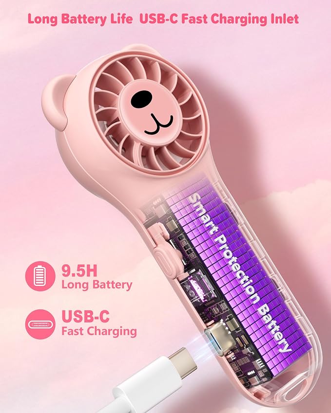 Portable Handheld Fan, Cute Bear Mini Fan with 11000 RPM High Speed, Rechargeable Personal Fan with 4 Speeds, Pocket Small Fan for Travel, Makeup, Lash, Gifts for Women Girl - 2 Pack - Image 4
