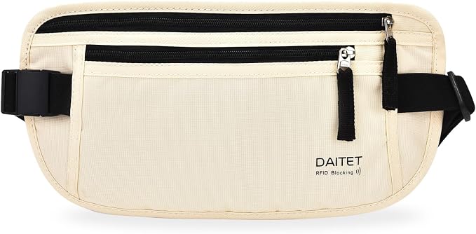 RFID Blocking Money Belt for Men Women, Slim Fanny Pack for Travel，Running,Conceal Waist Wallet for Passport Holder,Phone,Cash(Cream White) by DAITET