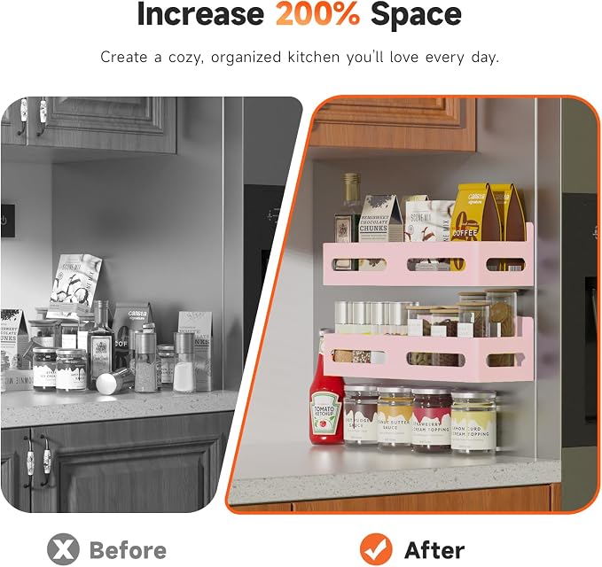 4-Pack Magnetic Spice Rack for Refrigerator with Hooks, Pink | Strong multipurpose magnetic shelf for kitchen & bathroom organization. Includes 4 removable hooks for hanging items. - Image 3