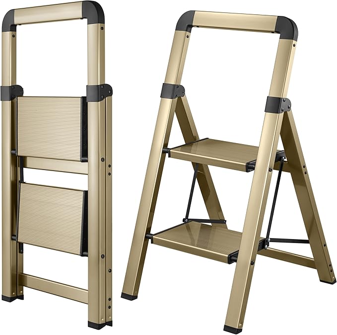 Step Ladder 2-Step Champagne Finish Aluminum Folding Ladders | Anti-slip Sturdy Foldable Ladder Step Stool for Kitchen Home Office Libaray by BIBKOKE