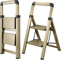Step Ladder 2-Step Champagne Finish Aluminum Folding Ladders | Anti-slip Sturdy Foldable Ladder Step Stool for Kitchen Home Office Libaray by BIBKOKE