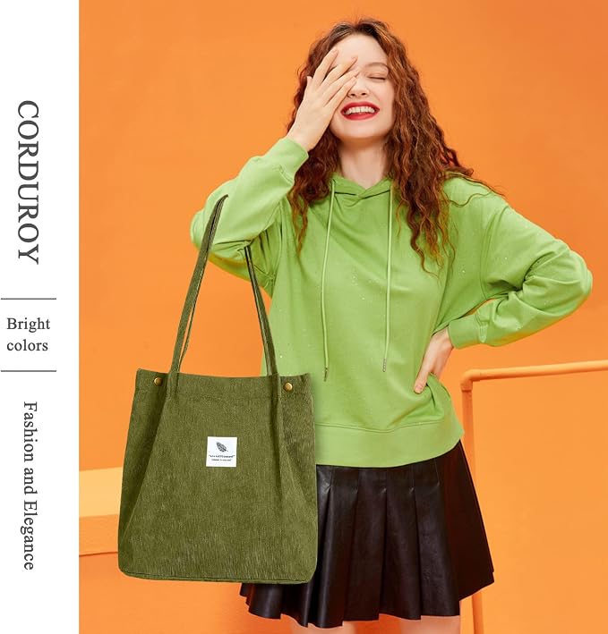 LHMTQVK Corduroy Tote Bags for Women, Large Capacity Tote Purse Reusable Grocery Shoulder Bag with Inner Pockets - Image 6
