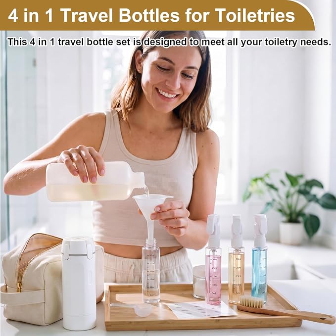2 Pack 4 in 1 Travel Dispenser with 30ml Travel Bottles and Label Refillable & Leak Proof Portable Toiletry Containers with Locks for Shampoo Lotion Conditioner Cream (White) - Image 5