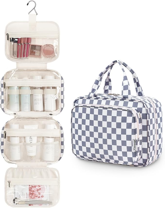 Narwey Hanging Toiletry Bag for Women Travel Makeup Bag Organizer Toiletries Bag for Travel Size Essentials Accessories Cosmetics (Grayish Blue Checkerboard (Medium)) - Image 2
