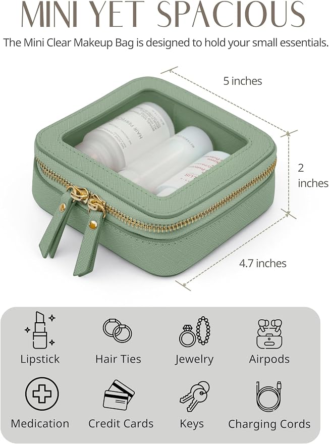 Clear Makeup Bag with Zipper, Set of 2, Mini and Medium, Sage Green | Clear Travel Bags for Toiletries, Structured Cosmetic Case for Women, Waterproof PU Leather, Wide Open Portable Car Organier - Image 6