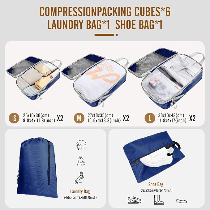 8 Set Compression Packing Cubes for Travel, Expandable Luggage Organizer with Shoe Bag & Laundry Bag - Lightweight Suitcase & Backpack Travel Essentials (Navy Blue) - Image 2