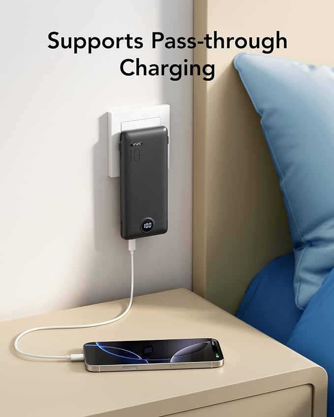 VRURC 10000mAh 22.5W Portable Charger, AC Plug & Built-in Cables,Black | Slim battery pack ,PD 20W fast charging, for business travel,compatible with iPhone & Samsung - Image 8