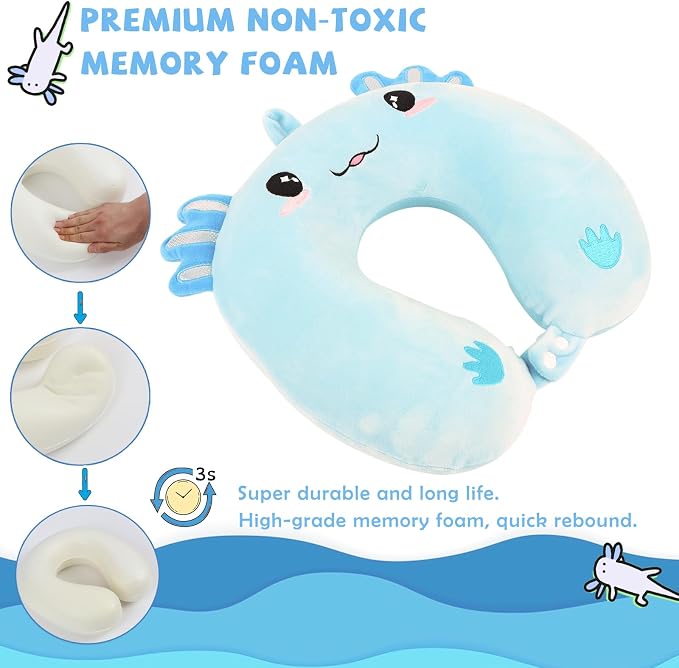 Travel Pillow, Kids Travel Pillow with Sleep Eye Mask Soft Memory Foam Kids Neck Pillow for Boys & Girls, Travel Accessories for Car Airplane Traveling - Blue Axolotl - Image 3