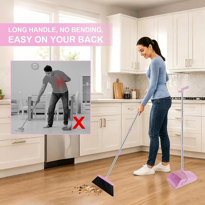 Pink Broom and Dustpan Combo Set, 51" Long Handle Broom with Mini Set | Mini Set for Tables, Kitchens & Tight Spaces, Built-in Comb Dustpan, Foldable Space-Saving Storage, Multi-Surface Use - Image 4