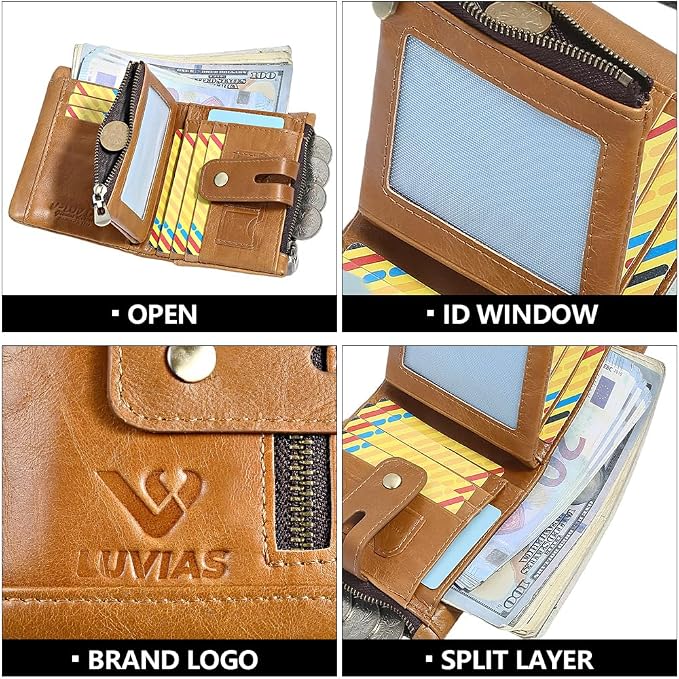 Anti-Theft Mens Wallet with Chain Genuine Leather ID Window Purse with RFID Blocking Bifold Double Zipper Coin Pocket with Gift Box - Image 6