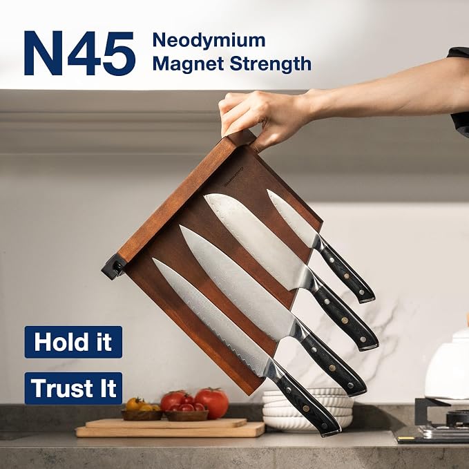 Magnetic Knife Block with Sharpener, Double Sided, Dark Acacia | Multi-Row Magnet, Hold 12 Knives as Damascus & Heavy Cleaver, No Slip, Countertop Kitchen Organizer, No Installation, Gift - Image 2