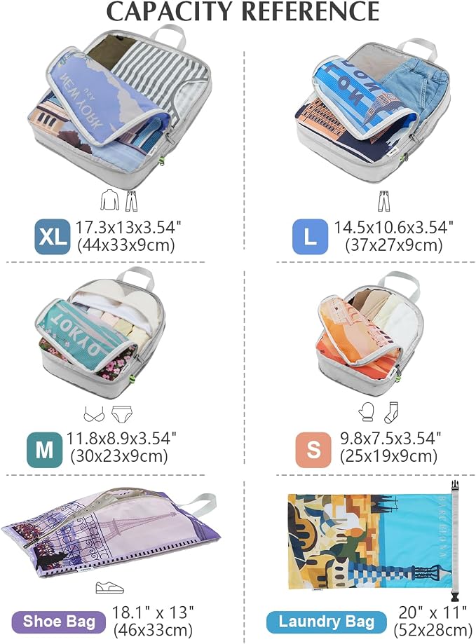 Gonex 6-Piece Compression Packing Cubes with Shoe & Laundry Bags | Unique Printed Design, Ripstop Fabric, Double-Zip Compression, Carry-On Friendly, Lightweight - Image 6