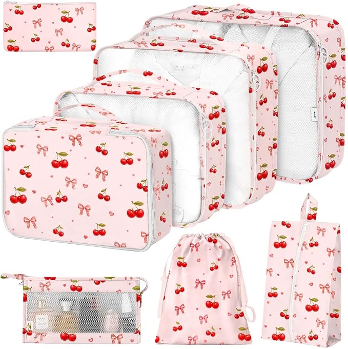 Packing Cubes for Travel,8 Set Luggage Organizer Bags with Mesh Top Panel, Lightweight Suitcase Organizers for Carry On, Family Vacation, Business Trip(Cherry Bows) by Hatisan