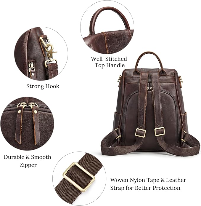 S-ZONE Leather Backpack Purses for Women Antitheft Rucksack Shoulder Bag Medium | Genuine Leather, Medium Fits 9.7-inch Tablet, for Work Travel Daily Commute, Multi Pockets, Adjustable Dual Straps - Image 6