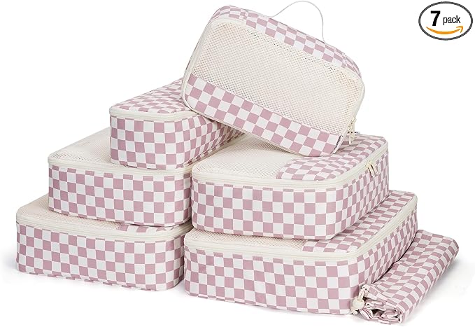 Narwey 7 Set Checkered Packing Cubes for Travel Carry on Suitcase Luggage Organizer Bags for Kids Women Men, Durable Packing Organizers Bag, Travel Essentials Accessories (Dusty Pink Checkerboard) by Narwey