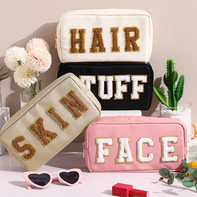 Preppy Makeup Bags Chenille Letter Stuff Bag Nylon Cosmetic Pouch Cases with Zipper for Women Travel Toiletry(Cute Color,Classic,4 Pcs) - Image 3