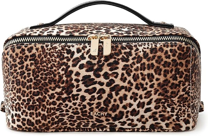 EACHY Travel Makeup Bag for Women, Flat Open Leopard Print Cosmetic Bag | Leopard-print PU leather cosmetic bag opens flat with dividers and clear TPU brush pocket for makeup and travel essentials by EACHY