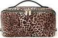 EACHY Travel Makeup Bag for Women, Flat Open Leopard Print Cosmetic Bag | Leopard-print PU leather cosmetic bag opens flat with dividers and clear TPU brush pocket for makeup and travel essentials by EACHY