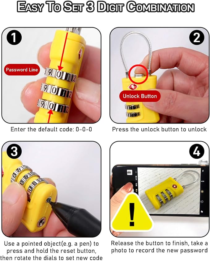Oythiem TSA Approved Combination Luggage Locks & 4 Zipper Locks Anti Theft - 3 Digit Re-Settable Code Lock with Zinc Alloy Body, Ultimate Travel Security Bundle for Suitcase, Backpack & Carry-On - Image 6