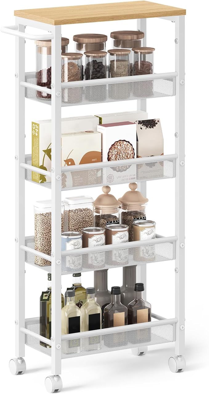 VASAGLE Slim Rolling Cart, 5-Tier Storage Cart, Narrow Cart with Handle, 8.7 Inches Deep, Metal Frame, for Kitchen, Dining Room, Living Room, Home Office, Oak Beige and Classic White ULRC035W09 by Unknown