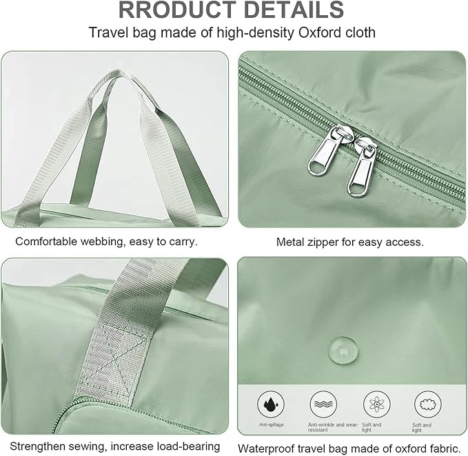 Large Capacity Travel Bag, Foldable Travel Bag, Expandable Duffel Bag, Collapsible Waterproof Large Capacity Handbag, Overnight Bags for Women and Man(Light Green+Toiletry Bag) - Image 5