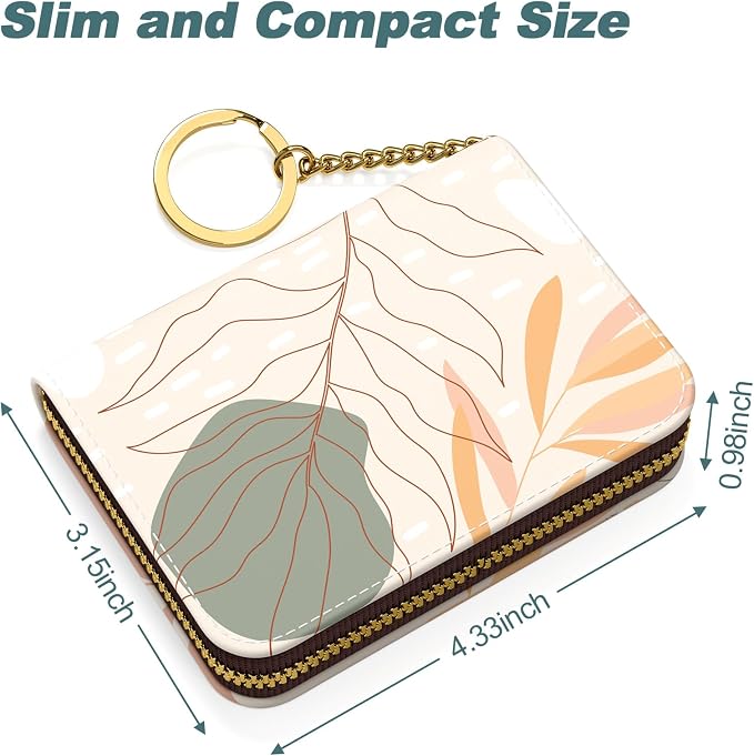 Nipichsha Credit Card Holder, Small RFID Card Wallet for Women, Slim Leather Card Holder Wallet, Credit Card Wallet Organizer, Pocket Business Card Case with Zipper & Keychain, Abstract Art Leaf - Image 5
