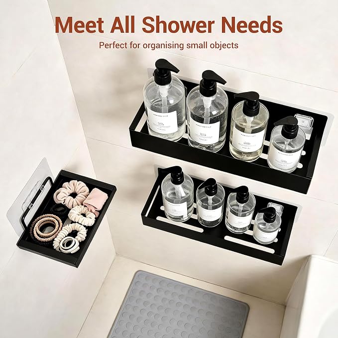 Wall-Mounted Bathroom Storage Shelf Organizer Rack for Toiletries Skincare | Shower Caddy 3 Pack Black Adhesive Shower Organizer Bathroom Shelf Organizer No-Drill Bathroom Organizers and Storage ﻿ - Image 3