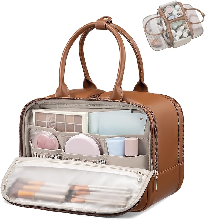 LOVEVOOK Large Makeup Bag for women, Leather Travel Toiletry Bag | Wide-Open Access, Waterproof Cosmetic Bag Organizer for Shower, Traveling, Toiletries, Bathroom, Dry/Wet Separation by LOVEVOOK