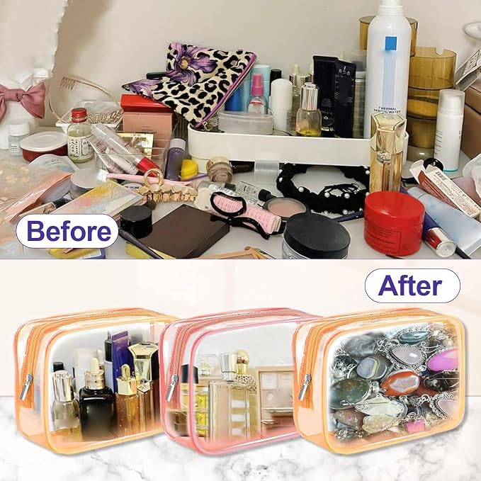 Clear Makeup Bag (4 Packs), Small TSA Approved Toiletry Bags for Traveling Small Size Cosmetic Storage Pouches for Women Organizer with Zipper Pink Orange Green Blue - Image 2