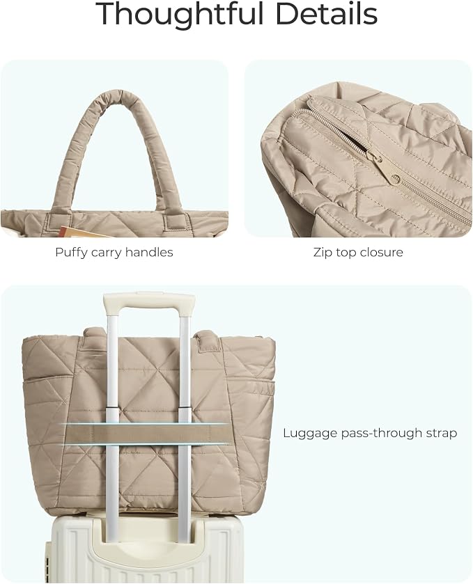 BAGSMART Tote Bag for Women, Puffer Tote Bag with Zipper, Large Quilted Shoulder Bag with Compartments for Travel, Work, Gym - Image 6