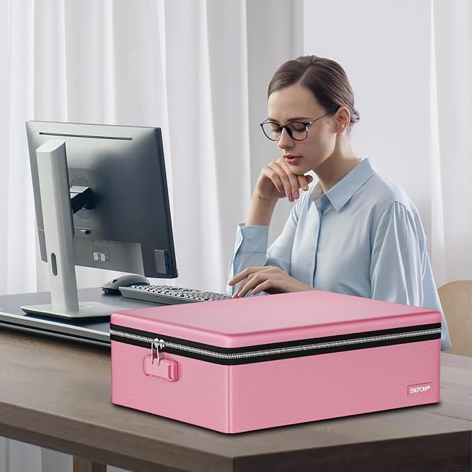 ENGPOW Fireproof Document Box with Lock & Heat-Resistant Fireproof Zipper | 6400°F 12-Layer Fire Protection, Hard File Organizer with Pockets, Portable Home Chest Safe Storage for Money,Jewelry, Pink - Image 5