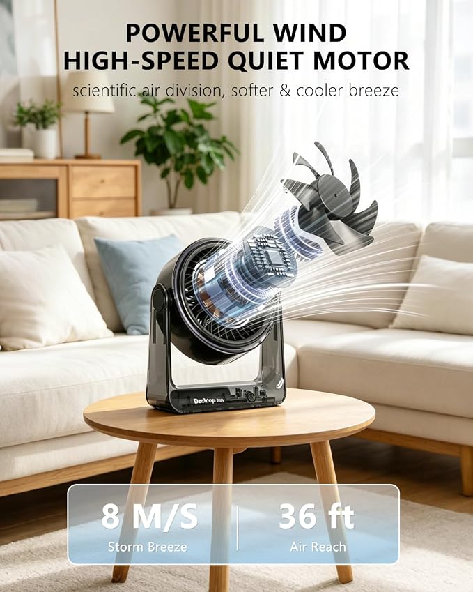 USB Small Quiet Desk Fan, Turbo Table Fan with Night Light, 6 Speeds Digital Display, 360° Rotation, 4000mAh Rechargeable Battery Air Circulator Desktop Fan for Bedroom Home Office, Black - Image 2