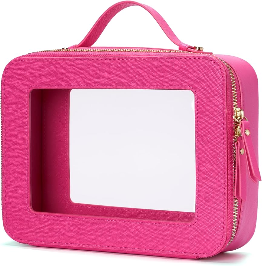 Clear Makeup Bag Travel Cosmetic Case Transparent Toiletry Bag with Zipper, Portable Make Up Organizer Traveling Compact Car Bag for Essentials, Hotpink, Large by POPVIBE