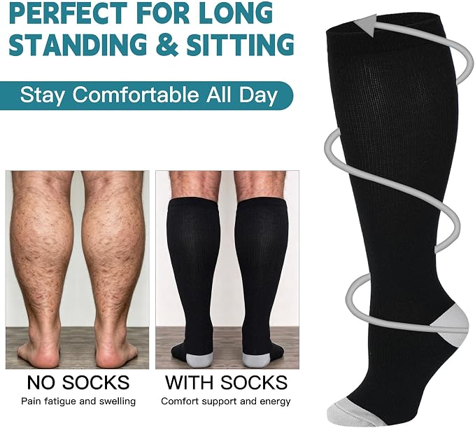 3 Pairs Wide Calf Compression Socks for Women Men 20-30 mmHg Knee High | Plus Size, Graduated Compression, Circulation Support, Tired Legs & Swelling Relief; Sports, Travel, Nurses, Daily Wear - Image 4