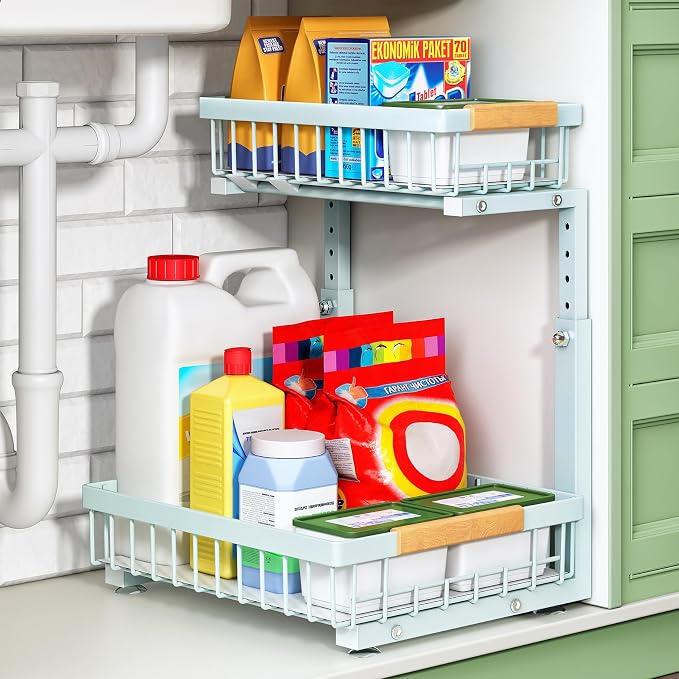 Kitstorack Under Sink Organizer, 2 Tier Under the Sink Storage, Slide out Pull out Cabinet Organizer Shelf, Metal Sliding Drawer for Kitchen Bathroom Pantry Closet Organization Rack, Blue, 1 Pack by Kitstorack