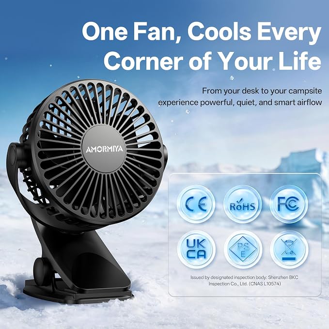 Portable Clip on Fan Rechargeable Mini for Desk Golf Camping Black | 4000mAh 20H Battery, Quiet Brushless Motor 4.5m/s, One-Click Shutdown, 3 Speeds, Detachable Cover, Type-C Charge, 360° Rotate - Image 2