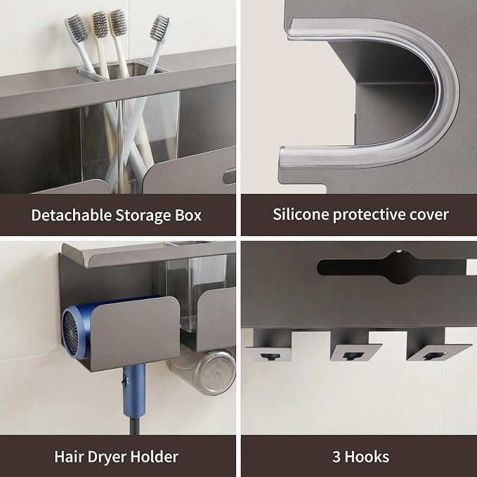 Hair Dryer Holder Wall Mount Metal,Adhesive/Drilling Bathroom Organizer with Shelf,Tissue Box&3 Free Cups,Rustproof Rack for Hair Styling Tools&Toothbrush,Grey - Image 3