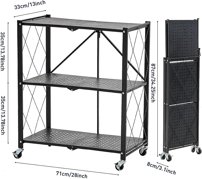 BRIAN & DANY 3-Tier Foldable Storage Shelves with Wheels, No Assembly Folding Shelf Metal Rack, Shelving Unit for Kitchen, Garage, Black - Image 3