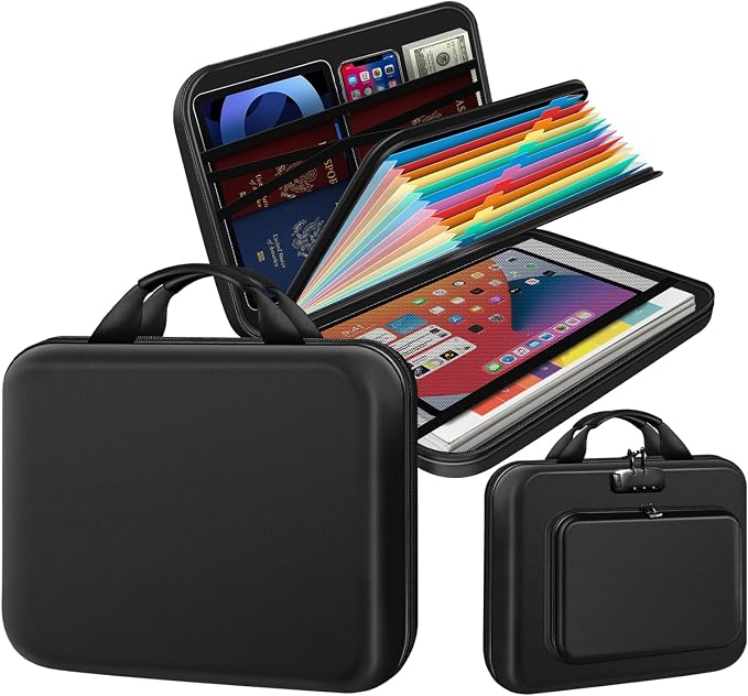 Hard Shell Fireproof Document Box with Combination Lock, 13 Pockets Accordion File Organizer, Important Document Safe for Home Office Travel, Waterproof Fire Proof Case Box for Certificates A4 by Unknown
