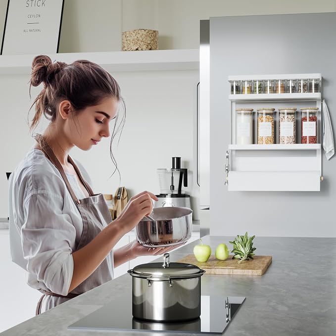 Magnetic Spice Rack Organizer Single Tier Refrigerator Spice Storage Shelf, Easy to Install The Side of The Refrigerator Can Hold spices, Jar of Olive Oil (White L) - Image 2
