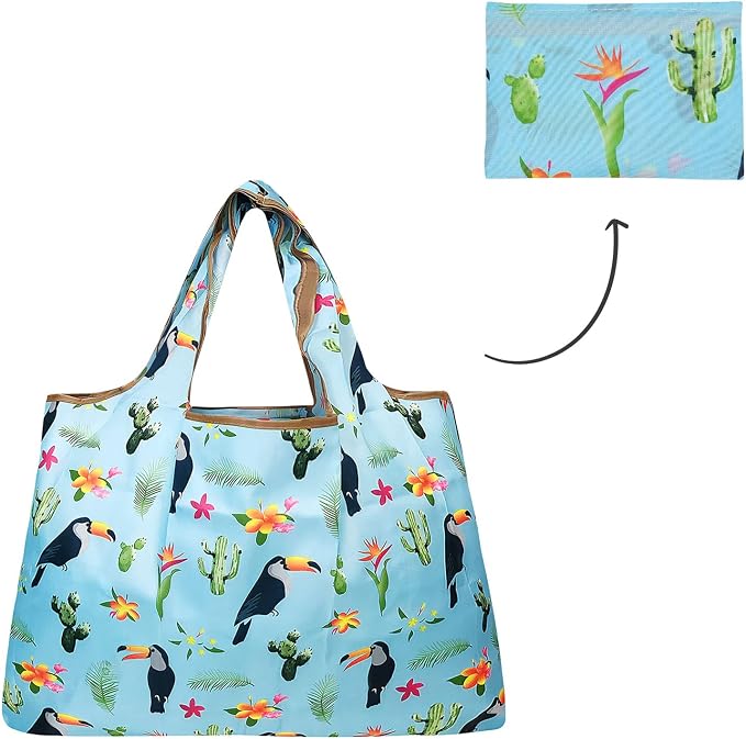 allydrew Large Foldable Tote Nylon Reusable Grocery Bags, Toucan & Cacti - Image 5