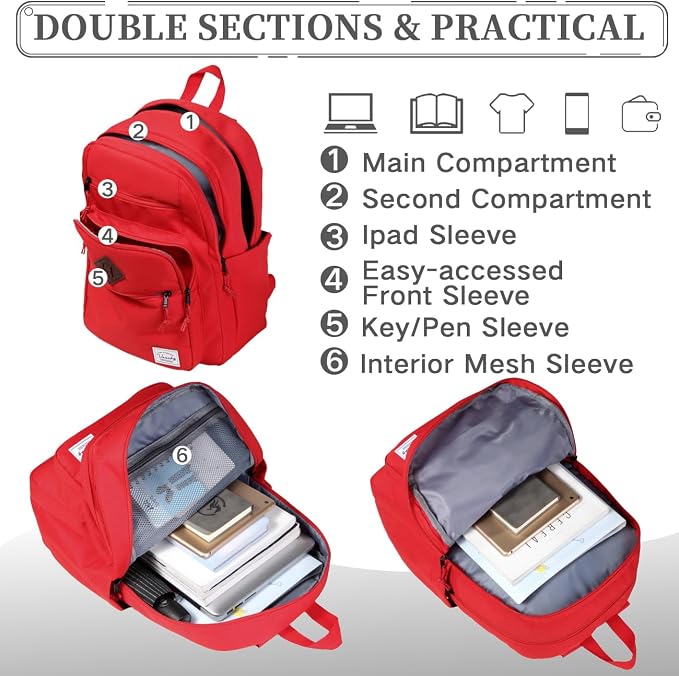 VASCHY School Backpack for Teen Girls, Bookbag Schoolbag Casual Daypack for High School/College/Women/Travel/Work Red - Image 4