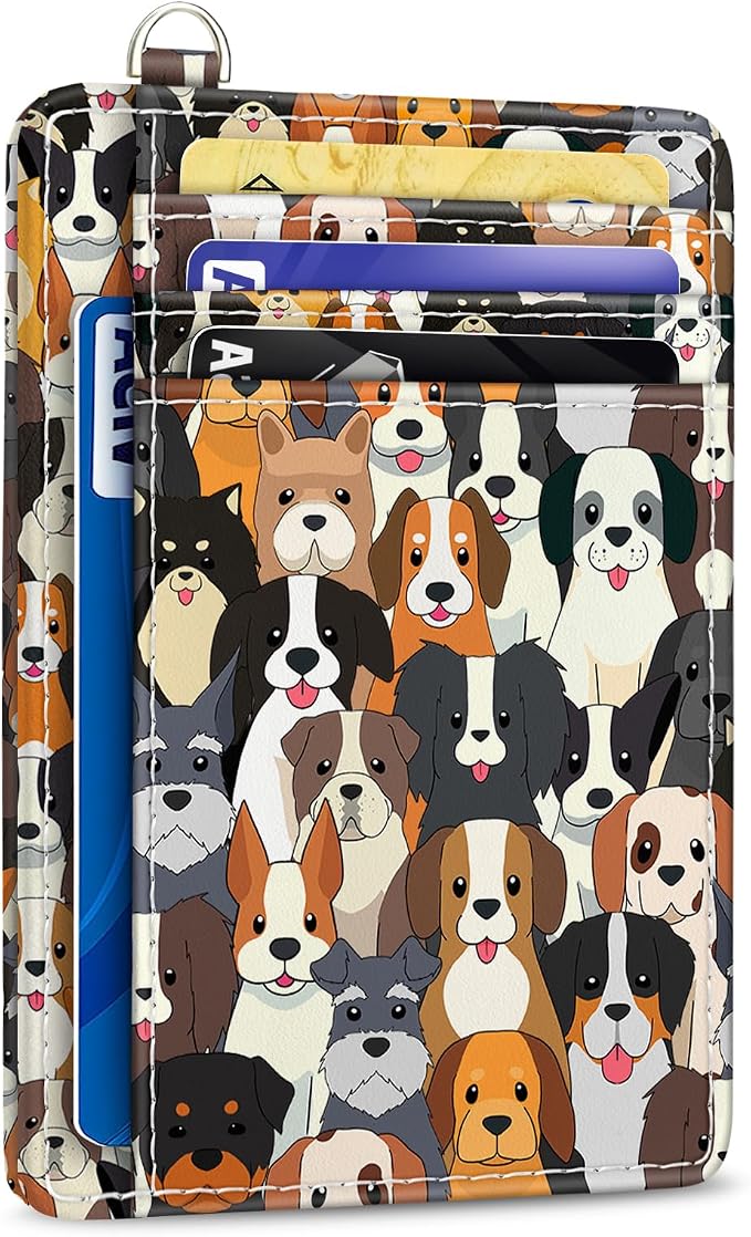 Yonlevres Dog Credit Card Holder Slim RFID Wallet Women Small Travel Cute | Front Pocket, Handy, RFID Blocking, Woman Girls Ladies Gifts, D-ring for Keychain,Thin Mini Card Case, ID Window, PU Leather by Yonlevres
