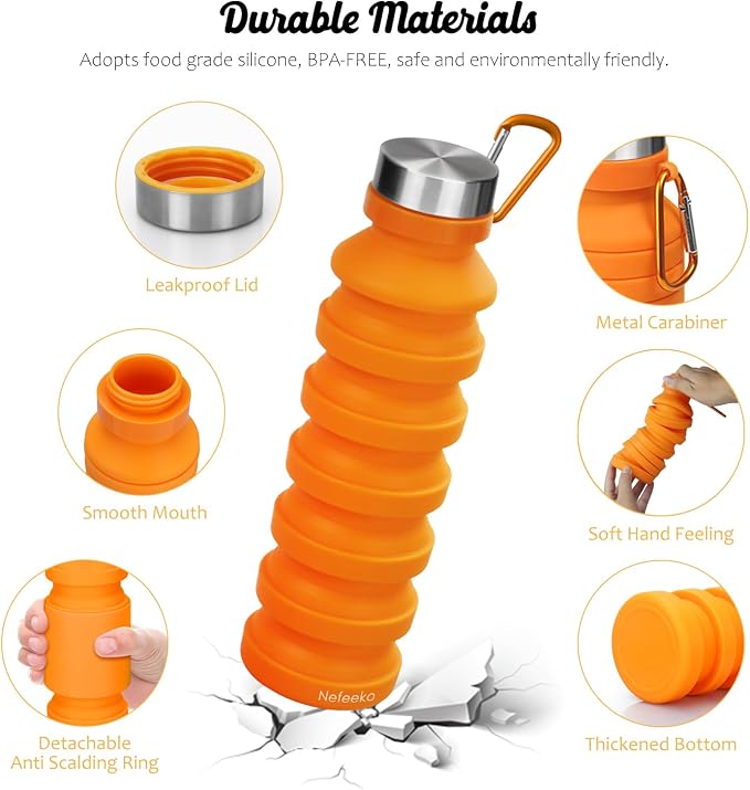 Nefeeko Collapsible Water Bottle, Reuseable BPA Free Silicone Water Bottles | Foldable Water Bottles for Travel Gym Camping Hiking, Portable Leak Proof Sports Water Bottle with Carabiner - Image 3