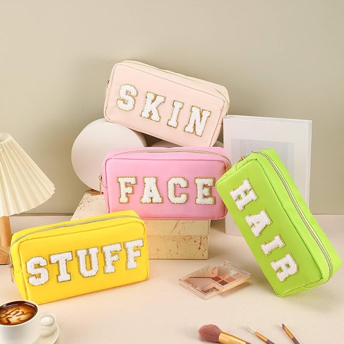 Preppy Makeup Bags Chenille Letter Stuff Bag Nylon Cosmetic Pouch Cases with Zipper for Women Travel Toiletry(Vibrant Color,Classic,4 Pcs) - Image 6