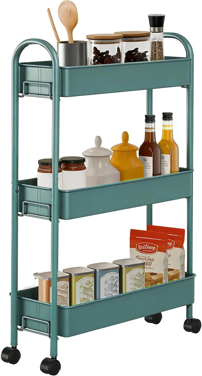 Slim Rolling Cart, Metal Frame Utility Rolling 3-Tier Narrow Storage Cart | Kitchen Storage Organizer, Mobile Shelving Unit for Bathroom Kitchen by Unknown