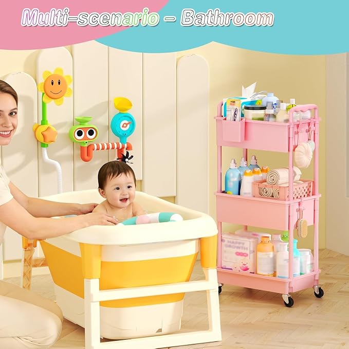 SUNALLY Baby Diaper Caddy Cart, 3 Tier Rolling Diaper Cart for Nursery,Pink | Large Capacity & Easy Assemble Diaper Storage Organizer with Lockable Wheels for Newborn, New Mom, Baby Girl Boy Essentials - Image 7