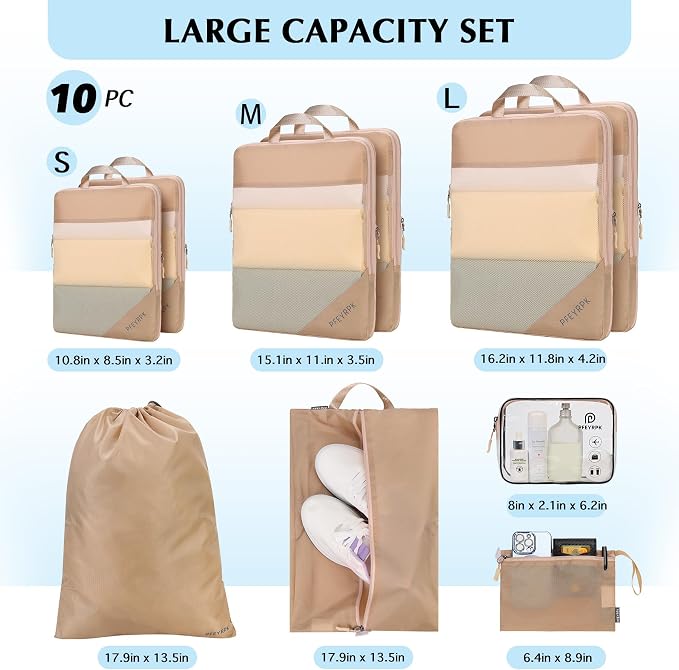 PFEYRPK Lightweight Compression Packing Cubes for Suitcases, Compressible Expandable Travel Packing Organizer with Clear Toiletries and Backpack Bag, Travel Essentials for Carry on Luggage 7 Set - Image 7